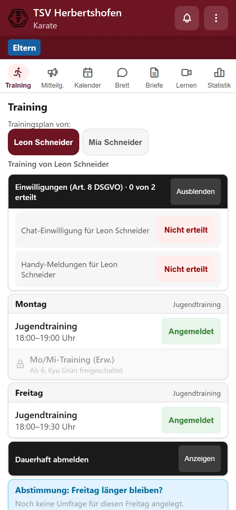 Elternansicht mit Umschalter zwischen zwei Kindern und den offenen Einwilligungen