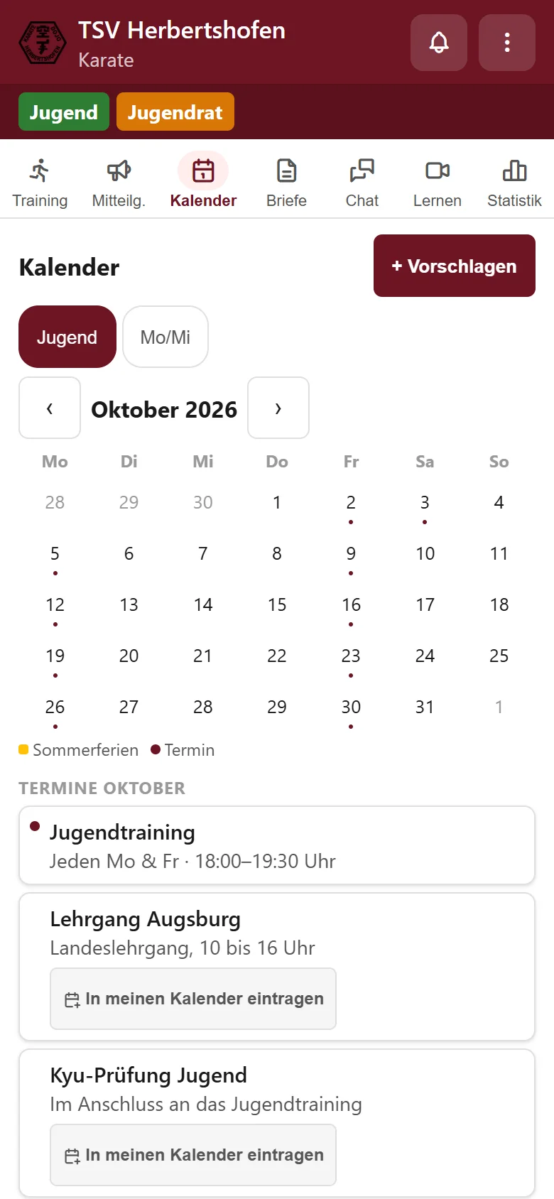Monatskalender Oktober mit Lehrgang und Kyu-Prüfung