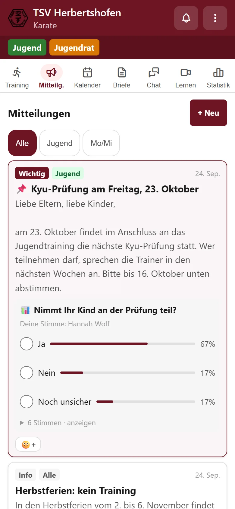 Mitteilung zur Kyu-Prüfung mit Umfrage