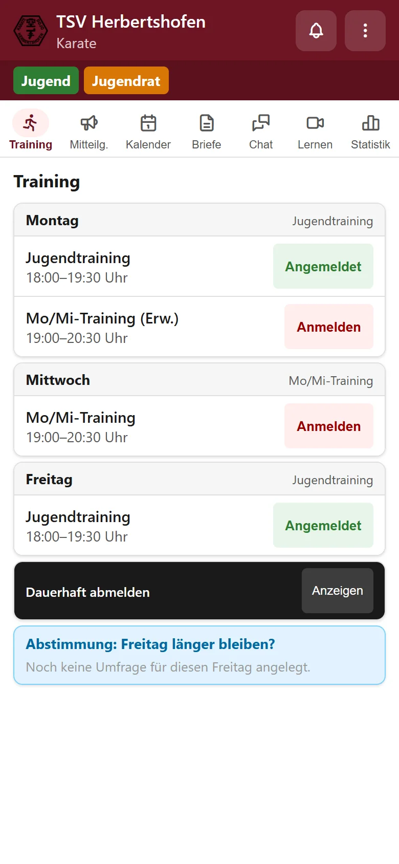 Trainingsansicht: Jugendtraining montags und freitags mit Knöpfen zum An- und Abmelden