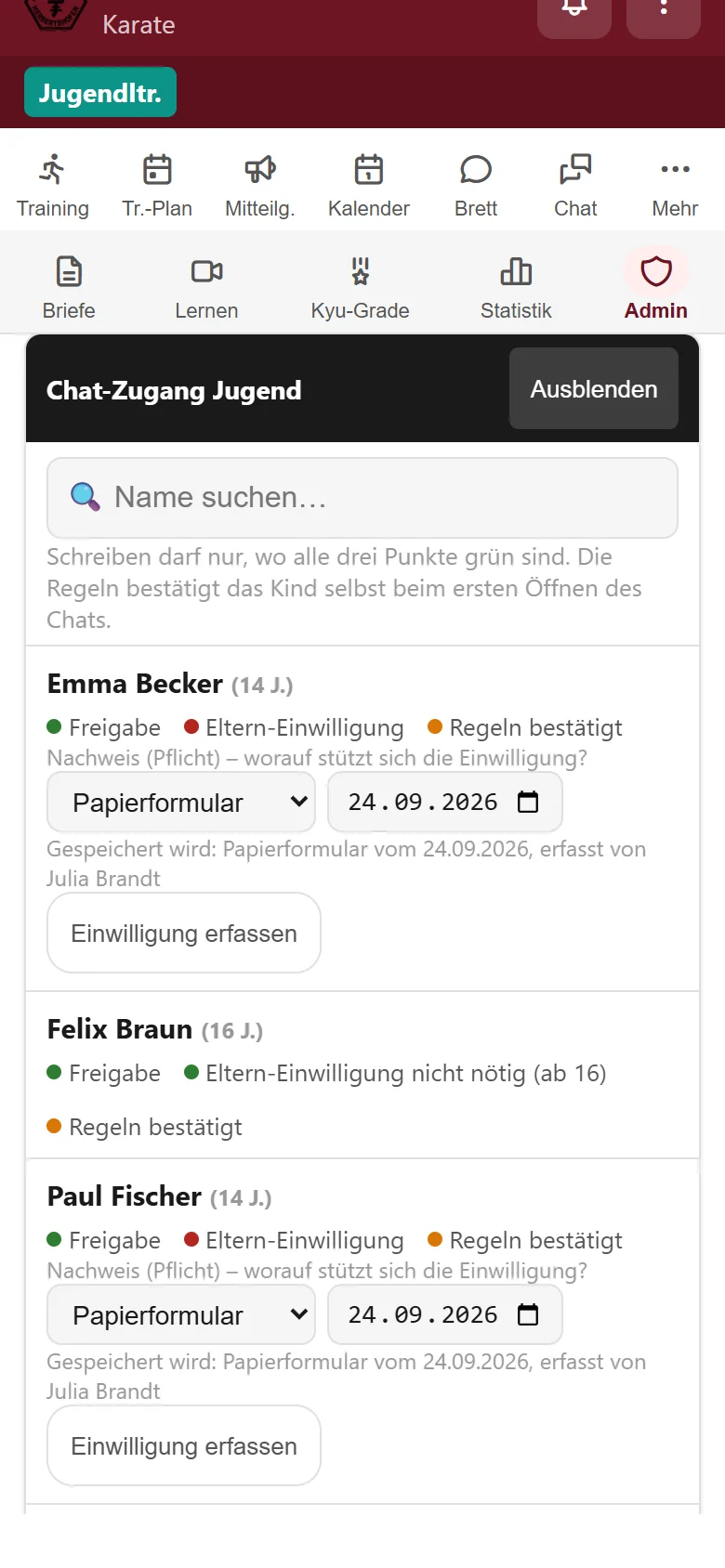 Übersicht, welches Kind Freigabe, Elterneinwilligung und bestätigte Regeln für den Chat hat