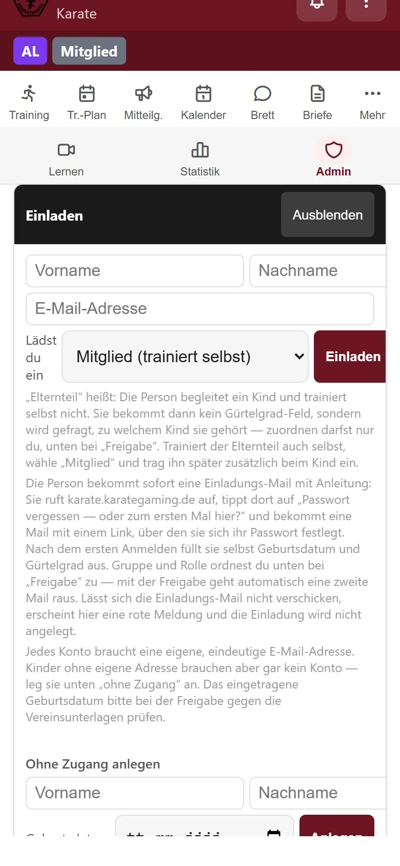 Formular zum Einladen einer Person per E-Mail