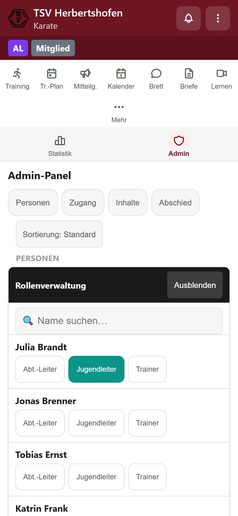 Rollenverwaltung mit Abteilungsleiter, Jugendleiter und Trainer je Person