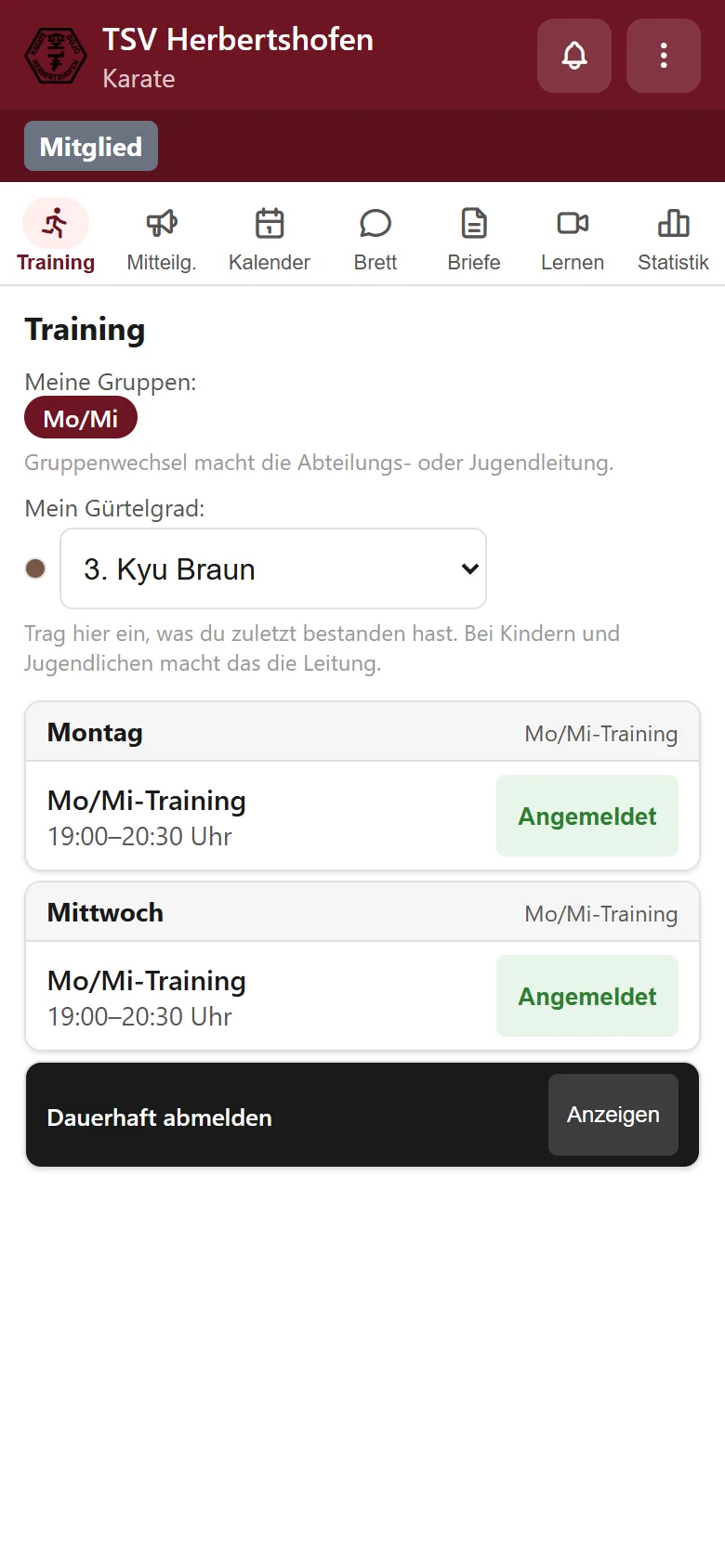 Trainingsansicht eines Mitglieds der Gruppe Mo/Mi mit Gürtelgrad und Anmeldung