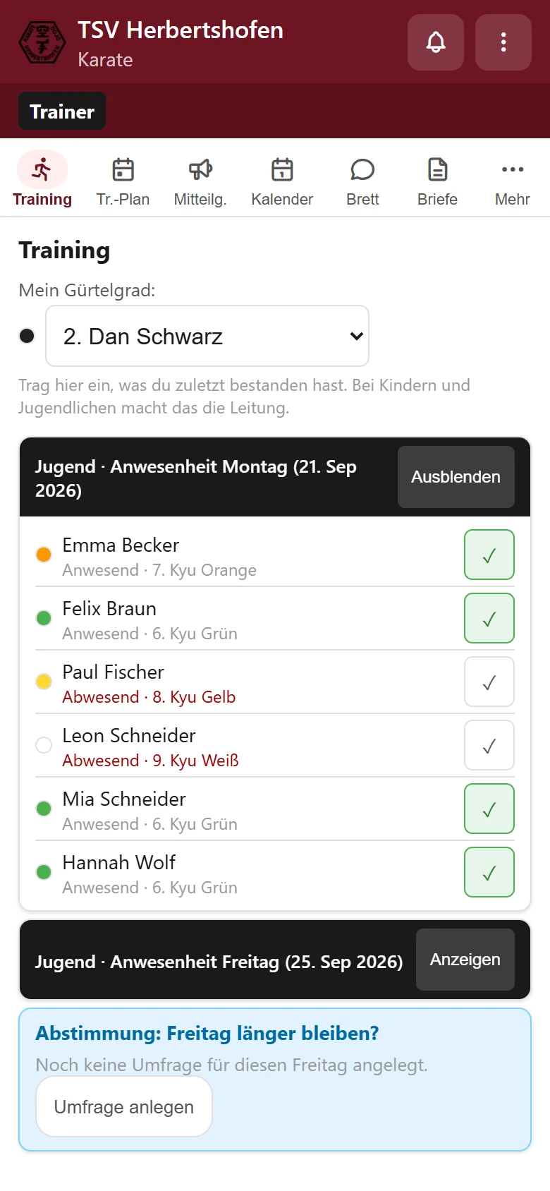 Anwesenheitsliste des Jugendtrainings mit Häkchen je Kind