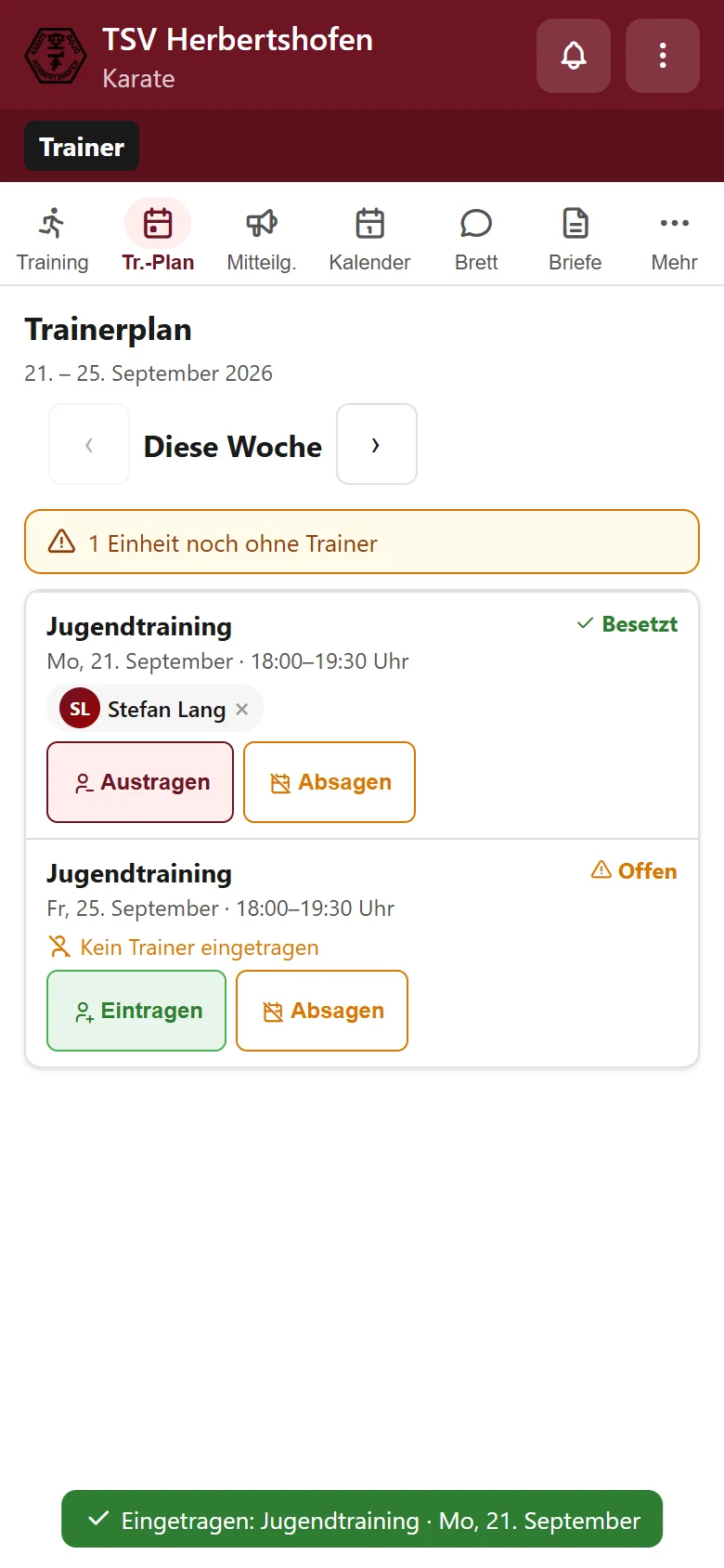 Trainerplan der Woche mit eingetragenem und offenem Termin
